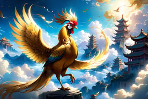 A masterpiece of extreme quality, ultra detailed, and intricate, this UHD, HDR illustration weaves a whimsical tale from Chinese mythology. In a dreamlike, ethereal fantasy setting, a beautiful golden cock crowing to the sky assumes a dynamic pose, hovering triumphantly above the clouds as it gazes upon a heavenly palace shrouded in mysterious, vibrant hues.