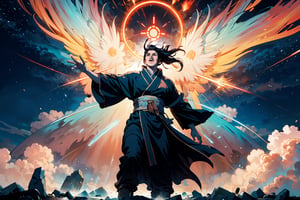 A majestic Chinese god, with wispy hair flowing in an ethereal breeze, stands frozen in awe as the heavens tremble. The animation bursts forth with dynamic movements, reminiscent of Boichi's vibrant manga style. Amidst a backdrop of swirling clouds and ancient architecture, the god's intricate robes ripple with each stunned expression.