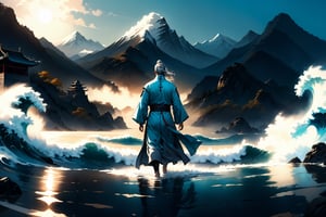 masterpiece, beautiful and aesthetic, ultra detail, intricate, Chinese martial arts animation style, divine, manly, legendary, 1male, solo, (40 years old:1.5), detailed character design, a look of determination, two beards, long grey hair, tall and thin, aqua Taoist robe, from behind, dynamic pose, walking on water, creating a picturesque view of a heavenly palace, wave, bathed in soft and ethereal light.