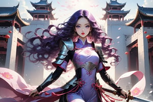 masterpiece, beautiful and aesthetic, ultra detail, intricate, In Chinese mythology, solo, 1girl, a heavenly guardian, big eyes, pink lips, pretty, long curly hair, purple hair, tall and thin, (Han Chinese Clothing, armor, pants), dynamic pose, poised as if ready to gallop into battle, creating a picturesque view of a heavenly palace, bathed in soft and ethereal light.