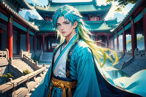 masterpiece, beautiful and aesthetic, ultra detail, intricate, solo, 1male, 25 years old, handsome, (long eyes, blue eyes), (long hair, Split-color Hair, Light Green Hair, Blue Hair), tall, (Han Chinese Clothing), (flowing robe, dark green robe), (upper body), dynamic pose, heroic stance, creating a picturesque view of a heavenly palace, bathed in soft and ethereal light.
