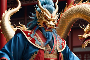 masterpiece, beautiful and aesthetic, ultra detail, intricate, [1man:Chinese dragon head:3], 55 years old, detailed character design, domineering, (messy blue hair, red mane), (fatty:1.5), golden dragon robe, upper body, dynamic pose, Inspired by Chinese mythology story, dragon palace