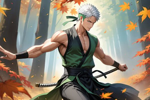 masterpiece, beautiful and aesthetic, ultra detail, intricate, 1male, solo, representation of the legendary martial artist, Roronoa Zoro features, detailed character design, (proud expression), light smile, (white hair), exquisite body, strong abdominal muscles, (golden armlet:1.2), (black half gloves), black martial arts belt, (black Hanfu, sleeveless), black lace-up ankle brace, (side view:1.5), (spread hands), dynamic pose, forests, mists, autumn leaves fluttering around