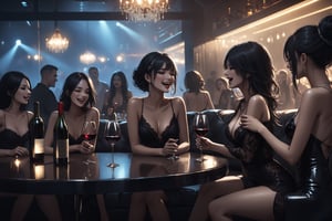 Dark Moody Atmosphere, {prompt}, dramatic, mysterious, dark moody atmosphere, masterpiece, beautiful and aesthetic, ultra detail, intricate, (slut women), (laugh), (drunk), (holding wine glasses), wines on the table, sitting in the couch, indoors, night club, people dance