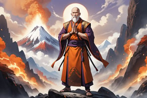 masterpiece, beautiful and aesthetic, ultra detail, intricate, 1male, solo, (60 years old, old man), detailed character design, warrior monk, godlike, domineer expression, bead_earrings, (full beard, white), bald, (short stature, muscular), (Kasaya of Shoulder-covering Style, orange), dark purple pants, (small magic fires on his shoulders), (straight on), dynamic pose, (hands in prayer pose:1.5), standing on the peak, Chinese martial arts animation style, volcanos, mists