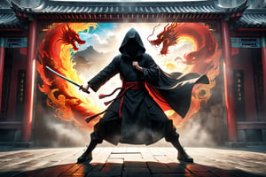 DonM5h4d0w5XL, masterpiece, extreme quality, ultra detailed, intricate, UHD, HDR, Chinese martial arts animation style, dramatic with an air of mystery and intrigue, solo, a black hooded cloak shadow on a wall, reflecting in the ancient China street, outdoors, captured in the air, dynamic pose, vibrant, split-second freeze-frame, from side, mysterious colorful background, 