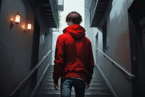 Dark Moody Atmosphere, {prompt}, dramatic, mysterious, dark moody atmosphere, masterpiece, beautiful and aesthetic, ultra detail, intricate, 1male, solo, 23 years old, detailed character design, delicate face, light green eyes, short brown hair, deep red hooded, jeans, (from behind:1.5), dynamic pose, walking on the stairs up and down the apartment building, dark, indoors