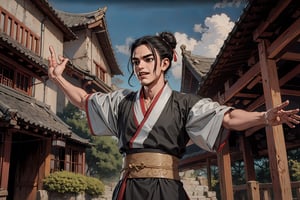 Masterpiece, best quality, detailed character design, UHD, (solo, 1male:1.5), 25 years old, a traditional Chinese physician, serene expression, manly, (wide jaw), (black hair, single bun:1.3), happy, laughing, tall and lean, accurate body and hand anatomy, (hanfu, grey), elegant, head bowing down, selling medicine, arms opened, dynamic pose, ancient street in the background, outdoors, ancient China style, boichi manga style