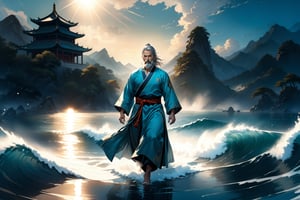 masterpiece, beautiful and aesthetic, ultra detail, intricate, Chinese martial arts animation style, divine, manly, legendary, 1male, solo, (40 years old:1.5), detailed character design, a look of determination, two beards, long grey hair, tall and thin, aqua Taoist robe, front view, dynamic pose, walking on water, creating a picturesque view of a heavenly palace, wave, bathed in soft and ethereal light.