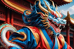 masterpiece, beautiful and aesthetic, ultra detail, intricate, [1man:Chinese dragon head:5], 55 years old, detailed character design, domineering, (messy blue hair, red mane), (fatty:1.5), golden dragon robe, upper body, dynamic pose, Inspired by Chinese mythology story, dragon palace, 2D, (anime style:1.5)