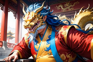 masterpiece, beautiful and aesthetic, ultra detail, intricate, [1man:Chinese dragon head:1], 55 years old, detailed character design, domineering, (messy blue hair, red mane), (fatty:1.5), golden dragon robe, upper body, dynamic pose, Inspired by Chinese mythology story, dragon palace