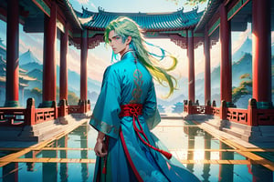 masterpiece, beautiful and aesthetic, ultra detail, intricate, solo, 1male, 25 years old, handsome, (long eyes, blue eyes), (long hair, Split-color Hair, Light Green Hair, Blue Hair), tall, (Han Chinese Clothing and green), flowing robe, (from behind), dynamic pose, heroic stance, creating a picturesque view of a heavenly palace, bathed in soft and ethereal light.