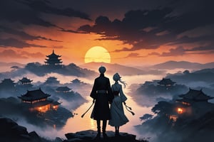 Dark Moody Atmosphere, {prompt}, dramatic, mysterious, dark moody atmosphere, full body portrait of couple, white  hair, silhouette, Chinese clothing, with their back to the viewer, gazing out at a breathtaking sunset over a tranquil village