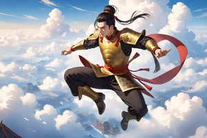 masterpiece, beautiful and aesthetic, ultra detail, intricate, solo, 1male, 25 years old, detailed character design, manly, bushy eyebrows, wide eyes, wide jaw, (black hair, a single hair bun), tall and lean, (ancient Chinese armor, golden), (from above), dynamic pose, action-packed, (jump down from clouds:1.5), clouds, in the sky