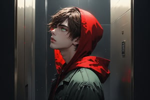 Dark Moody Atmosphere, {prompt}, dramatic, mysterious, dark moody atmosphere, masterpiece, beautiful and aesthetic, ultra detail, intricate, 1male, solo, 23 years old, detailed character design, delicate face, (Puzzled expression), light green eyes, short brown hair, deep red hooded, jeans, (full shot:1.5), from side, (looking up), dynamic pose, standing in the elevator 