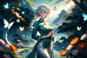 masterpiece, beautiful and aesthetic, ultra detail, intricate, 1female, a celestial ethereal ghostly Fairy, 50 years old, solo, detailed character design, grace, gentle nature, feminine soft face, light green eyes, (gazing into the distance:1.1), (long hair, Braided updo, silver hair), hair ornament, tall, slender body frame, collarbone, bead_bracelet, (cheongsam, long sleeves, green), silver pants, (holding a bead_necklace), (full body:1.5), dynamic pose, (a single hand in prayer pose), Chinese martial arts animation style, garden background, flowers, trees, butterflies, multicolor, day time, Inspired by Chinese mythology story