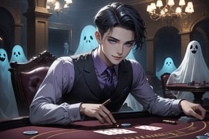 horror-themed {prompt} . eerie, unsettling, dark, spooky, suspenseful, grim, highly detailed, masterpiece, beautiful and aesthetic, ultra detail, intricate, 1male, solo, 23 years old, detailed character design, delicate face, a look of confidence, smile sweetly, light blue eyes, (dark hair, Classic Undercut), silver waistcoat, purple shirt, deep blue tie, (holding a cigar on card table:1.2), (a female ghost behind:1.5), in the casino 