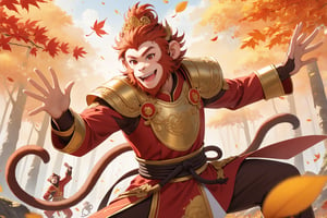 masterpiece, beautiful and aesthetic, ultra detail, intricate, 1male, solo, Monkey King, (monkey features:1.5), detailed character design, (joy expression), smile, red hafu, golden armor, (waving), dynamic pose, (monkeys behind:1.5), outdoors, autumn leaves fluttering around, woods