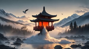 water, foaming, foggy, mountains, Chinese temple, birds, at Twilight, tilt shift, Cleancore, HDR, Mustafa Abdulhadi, involved in a project, DonM3l3m3nt4l, 