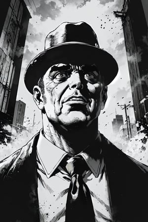 boichi manga style, monochrome, greyscale, He is Chicago gangster Al Capone, with a chubby face, thick eyebrows, big eyes, big mouth and thick lips, scars on his cheeks, a ferocious face, a cigar in his mouth, a round hat, tall and fat, wearing a suit, with a Prison bars looking out, ((masterpiece)) 