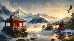 water, foaming, foggy, mountains, Chinese temple, birds, at Twilight, tilt shift, Cleancore, HDR, Mustafa Abdulhadi, involved in a project, DonM3l3m3nt4l, 