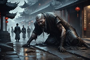 Dark Moody Atmosphere, {prompt}, dramatic, mysterious, dark moody atmosphere, masterpiece, beautiful and aesthetic, ultra detail, intricate, describing a man limbs chopped, crawling on the ground like a maggot, begging for food from passers-by everywhere, ancient Chinese street scene