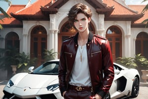 Luxurious Elegance, {prompt}, extravagant, ornate, designer, opulent, picturesque, lavish, masterpiece, beautiful and aesthetic, ultra detail, intricate, 1male, solo, 23 years old, detailed character design, delicate face, a look of confidence, light green eyes, short brown hair, dark red leather jacket, white T-shirt, black dress pants, dynamic pose, hands in pockets, standing in front of an expensive sports car, with a luxury bungalow behind