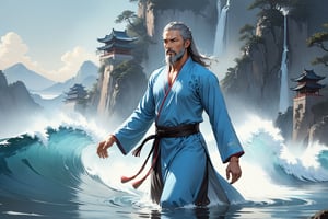 masterpiece, beautiful and aesthetic, ultra detail, intricate, Chinese martial arts animation style, divine, manly, legendary, 1male, solo, (40 years old:1.5), detailed character design, a look of determination, two beards, long grey hair, tall and thin, aqua Taoist robe, (upper body), dynamic pose, walking on water, creating a picturesque view of a heavenly palace, wave, bathed in soft and ethereal light.