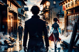 A stunned silence unfolds as a group of figures lock eyes in a moment of mutual incredulity. The scene is bathed in a warm, golden light, reminiscent of traditional Chinese lanterns. In the foreground, a protagonist stands frozen, their eyes wide with astonishment, while behind them, a sprawling cityscape stretches out like a canvas of ancient scrolls. The atmosphere is tense, heavy with unspoken words as the characters' faces contort into a mixture of shock, disbelief, and trepidation.