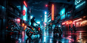 In a neon-lit, (a mother drives a motorcycle with her child), (back:1.3), futuristic cityscape, a cyber-enhanced individual, technologically advanced world, reflective surfaces capture the neon reflections, and dramatic lighting enhances the sci-fi aesthetic, their appearance is a masterpiece of futuristic fashion and cybernetic enhancements, fate/stay background, perfect light