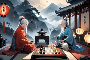 Two elderly sages, wisps of silver hair wisping beneath traditional hats, sit cross-legged on intricately woven silk rugs amidst ancient China's misty mountains. The soft glow of lanterns casts a warm ambiance as they concentrate on the game of Go, their eyes gleaming with intense focus. The chessboard, adorned with delicate carvings, serves as a canvas for their strategic battle.