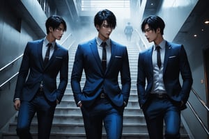 Dark Moody Atmosphere, {prompt}, dramatic, mysterious, dark moody atmosphere, masterpiece, beautiful and aesthetic, ultra detail, intricate, a several of Asian men, deep blue suit, dynamic pose, action-packed, standing in a modern stairwell, conversations