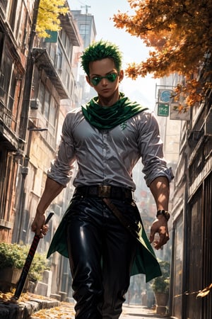 solo, Roronoa Zoro, the iconic character from the One Piece anime: "Generate a striking and highly detailed visual representation of the legendary martial artist, Roronoa Zoro, from the One Piece anime. Zoro is known for his distinctive appearance and formidable skills. His hair is a vibrant shade of green, complementing his determined brown eyes. He stands tall and resolute, exuding an air of strength and unwavering determination. Zoro is clad in his signature green outfit, complete with a white haramaki and a bandana. In his skilled hands, he wields a long staff, unique and finely detailed. The long staff should be a reflection of his mastery and the essence of his character. This image should capture the essence of Zoro's iconic appearance, showcasing his powerful presence and his status as one of the most beloved characters in the One Piece series." Photographic cinematic super high detailed super realistic image, 8k HDR super high quality image, masterpiece, perfect eyes, Zoro, ((perfect hands)), ((super high detailed image)), ((perfect long staff)), full body shot, autumn leaves fluttering around, bokeh effect on background foliage