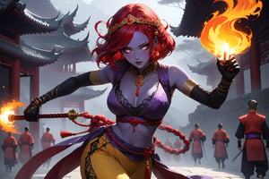 masterpiece, beautiful and aesthetic, ultra detail, intricate, 1female, monster, solo, detailed character design, seducing, evil expression, long eyelashes, eyeliners, ghostly eyes, red pixie bob hair, short stature, curvaceous, purple skin, circlet, (Hanfu, cropped vest, yellow), red pants, (belly chain), (elbow lace gloves, purple), (holding a flame baton), running, dynamic pose, Chinese martial arts animation style, Inspired by Chinese mythology story, out of prison