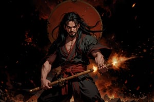 In a misty, crimson-lit courtyard, a solitary figure stands, its 40-year-old frame cloaked in an aqua Taoist robe, accentuating the stark contrast of its long black hair. Two beards, like wispy brushstrokes, frame the gaunt yet statuesque visage. As the protagonist's hands, like twin pistons, unleash a concentrated blast of chi, his palms crackle with tension, radiating an aura of unyielding determination. In this cinematic tableau, the hero's lithe form is poised in mid-strike, frozen in time as the very fabric of reality bends to accommodate the unfurled fury of his martial arts prowess.