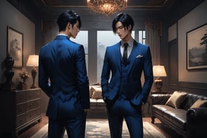 Dark Moody Atmosphere, {prompt}, dramatic, mysterious, dark moody atmosphere, masterpiece, beautiful and aesthetic, ultra detail, intricate, a several of Asian men, deep blue suit, dynamic pose, standing in the living room, conversations, indoors, messy, old