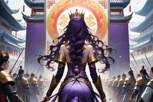 masterpiece, beautiful and aesthetic, ultra detail, intricate, In Chinese mythology, solo, 1girl, crown, long curly hair, purple hair, tall and thin, Han Chinese Clothing, armor, pants, (back view:1.5), dynamic pose, Holding a championship throne in his hand, surrounded by cheering crowds