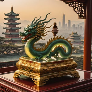 A majestic Golden Jade Dragon rises from a velvet-lined jewel case, its scales glinting under soft, golden lighting. In the background, a blurred cityscape of ancient China's misty mountains and pagoda-topped rooftops. A delicate, ornate frame surrounds the dragon, adorned with intricate carvings of Chinese symbols. The atmosphere is one of mystique and otherworldly power.