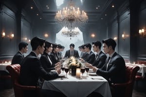 Dark Moody Atmosphere, {prompt}, dramatic, mysterious, dark moody atmosphere, masterpiece, beautiful and aesthetic, ultra detail, intricate, A group of company employees gathered in the restaurant to eat and drink to celebrate the joining of new colleagues