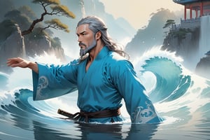 masterpiece, beautiful and aesthetic, ultra detail, intricate, Chinese martial arts animation style, divine, manly, legendary, 1male, solo, (40 years old:1.5), detailed character design, a look of determination, two beards, long grey hair, tall and thin, aqua Taoist robe, upper body, radial side view, dynamic pose, walking on water, creating a picturesque view of a heavenly palace, wave, bathed in soft and ethereal light.