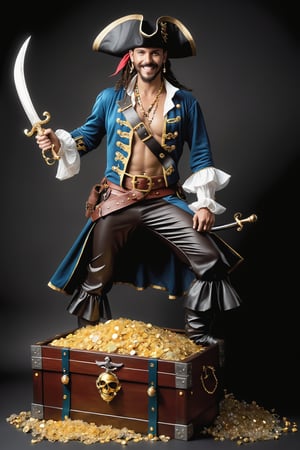 full body painting of a swashbuckling pirate, brandishing a cutlass and sporting a rakish grin, standing atop a treasure chest overflowing with gold and jewels