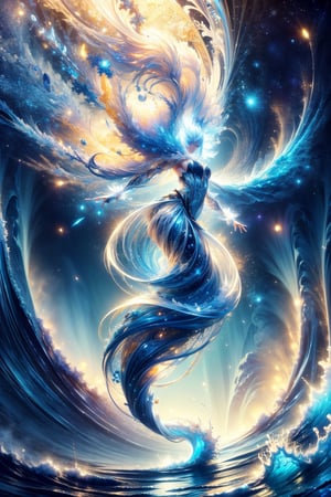 (masterpiece, top quality, best quality, official art, beautiful and aesthetic:1.2), solo, 1girl, melancholy eyes, long silver hair, hanfu, long robe, with bun accessories, full body shot, extreme detailed, (abstract, fractal art:1.3), hyper detailed masterpiece, dynamic, awesome quality, minute aqueous floating DonM3l3m3nt4l, stark beauty, wizardly, well-functioning, charming, halcyon, highest detailed, water, wave, ice, lightning, light_particles, ghost, 