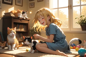 A warm and cozy living room scene: A young girl, likely around 6-8 years old, sits on a plush carpeted floor, surrounded by toys and books. She gently plays with a curious calico cat, whose tail swishes back and forth as it pounces on her hand. Soft, golden sunlight streams through the window behind her, casting a warm glow on the scene. The girl's bright smile and joyful laughter fill the air as she laughs at the mischievous cat's antics, her blonde hair tousled with playfulness.