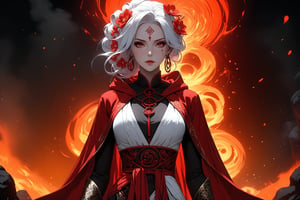 masterpiece, beautiful and aesthetic, ultra detail, intricate, 1female, 40 years old, detailed character design, sorceress, mysterious, (a red mole on forehead:1.2), red eyes, hoop earrings, (medium hair, traditional Chinese updo, Split-color Hair, white Hair, red Hair), hair flower, bangle, short stature, hooded cloak, (Taoist robe, pants, orange), cane, (face close-up), dynamic pose, her hands crackling with arcane energy, standing on lava, smokey, mysterious colorful, magic effect, in heavenly palace