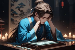 Dark Moody Atmosphere, {prompt}, dramatic, mysterious, dark moody atmosphere, masterpiece, beautiful and aesthetic, ultra detail, intricate, 1male, solo, 23 years old, detailed character design, delicate face, (brown long hair, a bun), blue Hanfu, (straight on:1.5), (holding his head, in pain), ingots, mahjong table, in the mahjong house