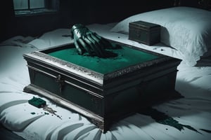 Dark Moody Atmosphere, {prompt}, dramatic, mysterious, dark moody atmosphere, masterpiece, beautiful and aesthetic, ultra detail, intricate, A pair of dismembered hands were abandoned on a white bed, with a delicate and small dark green box next to it.