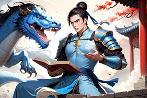 masterpiece, beautiful and aesthetic, ultra detail, intricate, (solo, 1male:1.5), 25 years old, detailed character design, Chinese mythology story, a heavenly guardian, serene expression, manly, bushy eyebrows, big eyes, (wide jaw:1.5), (black hair, a single hair bun), tall and lean, (Han Chinese clothing, armor, brown),  dynamic pose, taking a book, creating a picturesque view of a heavenly palace, bathed in soft, ethereal light.