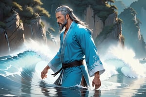 masterpiece, beautiful and aesthetic, ultra detail, intricate, Chinese martial arts animation style, divine, manly, legendary, 1male, solo, (40 years old:1.5), detailed character design, a look of determination, two beards, long grey hair, tall and thin, aqua Taoist robe, upper body, from side, dynamic pose, walking on water, creating a picturesque view of a heavenly palace, wave, bathed in soft and ethereal light.