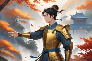 masterpiece, beautiful and aesthetic, ultra detail, intricate, solo, 1male, 25 years old, detailed character design, manly, (joy expression), smile, bushy eyebrows, wide eyes, wide jaw, (black hair, a single hair bun), tall and lean, (ancient Chinese armor, golden), (side view:1.5), (waving), dynamic pose, forests, mists, autumn leaves fluttering around