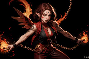 Chinese mythology, solo, 1female, monster_girl, short hair, dark red hair, (facial marks), fierce face, evil face, fangs, sexy lips, (pointed ears), (dark skin), strong body, (phoenix tattoo), (a single wing behind:1.2), (shackles, chains, in the jail:1.2), dark red vest, long pants, Chinese martial arts animation style